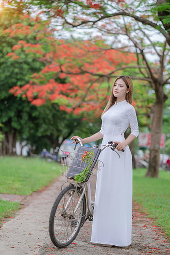 asijské ženy, ao dai, jízdní kolo, park, jaro, tradiční oblečení, venkovní, vietnamské kultury, květinové pozadí, klidné nastavení, Kulturní oděv