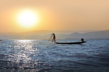 rybář, šlapka s jednou nohou, západ slunce, inle jezero, barma, inlesee, inle, kánoe, jezero, loď, krajina
