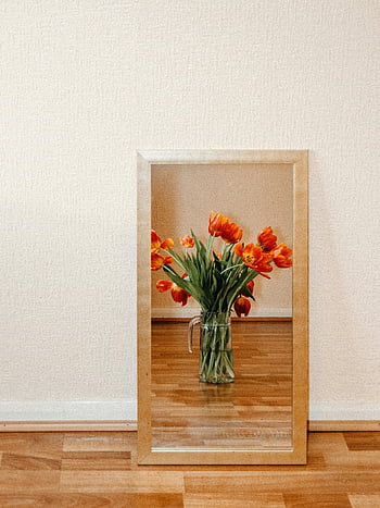 zrcadlový odraz, tulipány, skleněná váza, Zrcadlo na stěně, dřevěná podlaha, kytice, červené tulipány, interiér, květinové aranžmá, domovní dekorace, stálý život
