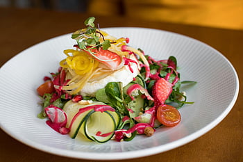 salad, plate, vibrant, fresh, vegetable, cheese, microgreens, garnished, healthy, dish, meal