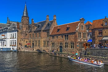 Belgie, brugge, kanál, loď, řeka, architektura, budov, město, starý, cestovní ruch, Flandry