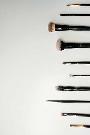 makeup borstar, toppvy, platt låg, vit bakgrund, skönhetsteman, kosmetiska verktyg, borstuppsättning, smink verktyg, skönhetsprodukter, skönhetstillbehör, Sminkapplikation