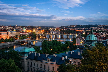 Praha, panoráma města, mosty, Česká republika, architektura, Příroda, podzim, vltava, budova, západ slunce, Karlův most