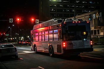 městský autobus, Semafor, Urban Downtown, noční scénu, červený semafor, prostředí v centru města, autobusová zastávka, noční provoz, ulice, městské noci, dopravní signál