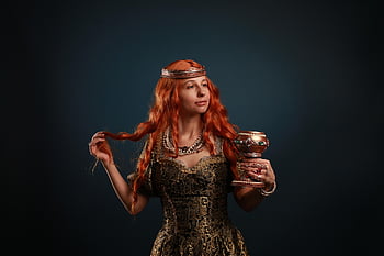 queen, cup, portrait, red Hair, middle Ages, historical, girl, woman, fantasy, dress, crown