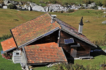 solární panely, na střeše, solární baterie, čepice, styl, kabina v horách, krytina, budova, chata, dlaždice, architektura