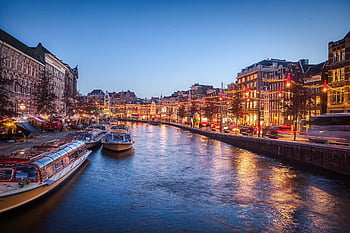 kanál, lodí, budov, odraz, město, svítí, panoráma města, přeprava, večer, světla, amsterdam