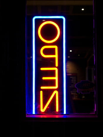 semnalizare neon, Semn de neon iluminat, semn deschis, culori vibrante, scena de noapte, lumini de neon, Semnalizare de afaceri, magazinul din față, text strălucitor, semn neon deschis, fotografie de noapte