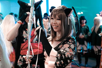 cosplay, ženský, vibrující, skupina, radostně interagující, Vnitřní výstava, kočičí uši, anime, kostým, charakter, výstava