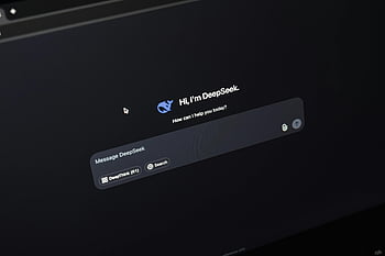 AI chat interface, DeepSeek, dark screen, chatbot, AI technology, digital communication, user interface, dark background, message input, interactive chat, AI assistant