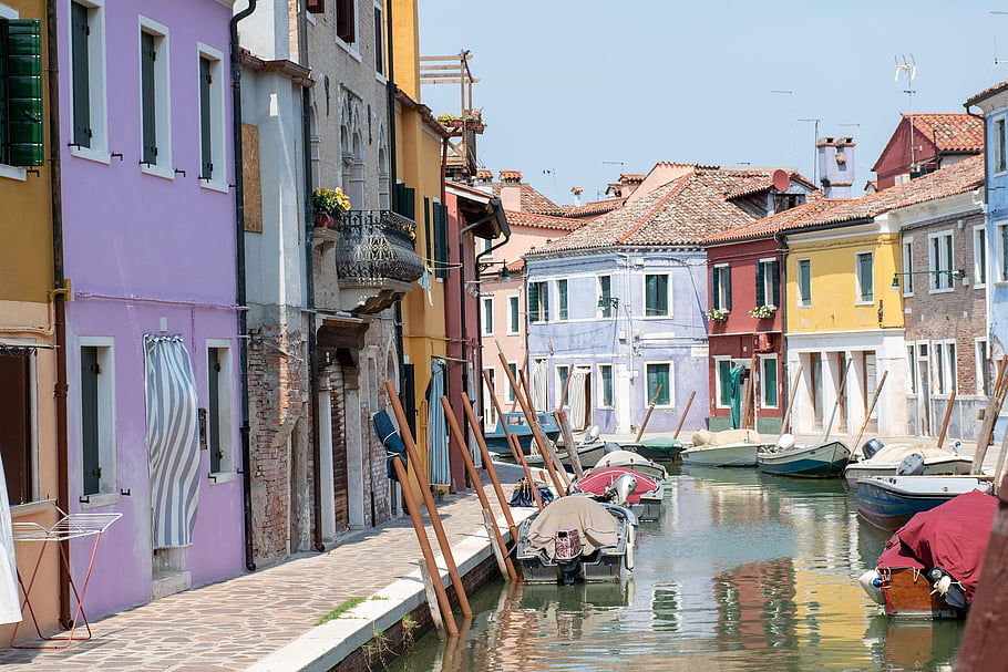 houses, channel, boats, gondolas, nature, facade, colorful, outdoors, summer, scenic, old