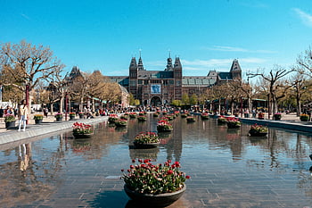 rijksmuseum, amsterdam, pěstitelé tulipánů, Reflexní rybník, Kultovní architektura, výhled na venkovní muzeum, holandské tulipány, vstup do muzea, jarní květiny, kulturní památka, Nizozemí