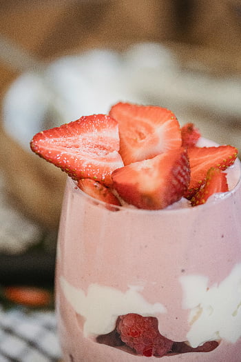 strawberry ice cream, clear glass, strawberry yogurt parfait, fresh berries, summer treat, healthy dessert, pink dessert, layered dessert, fruit parfait, strawberry parfait, yogurt parfait