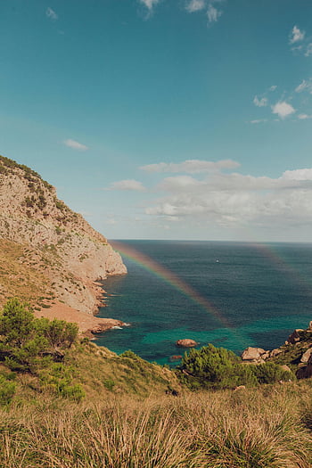 duha, pobřežní čára, cales de mallorca, živá duha, dvojitá duha, výhled na moře, nádherný výhled, Přírodní krásy, pobřežní krajiny, pobřeží Středozemního moře, pohled