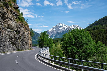 road, mountains, landscape, mountain Road, curve, asphalt, pavement, crash Barriers, trees, rocks, nature