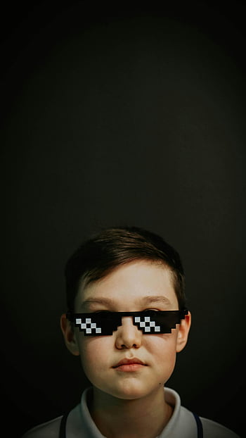 boy, 8 bit, pixel sunglasses, studio portrait, child, pixelated sunglasses, dark background, retro, gaming, fashion, cool