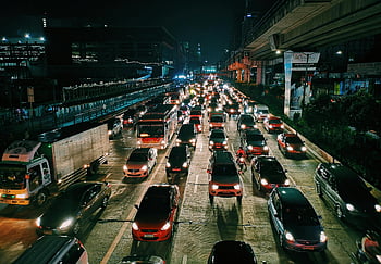 Urban Highway, noční provoz, městský život, přeprava, vozy, autobusů, večerní scéna, Rušná silnice, noční panoráma města, Přetížení vozidla, městské dopravy