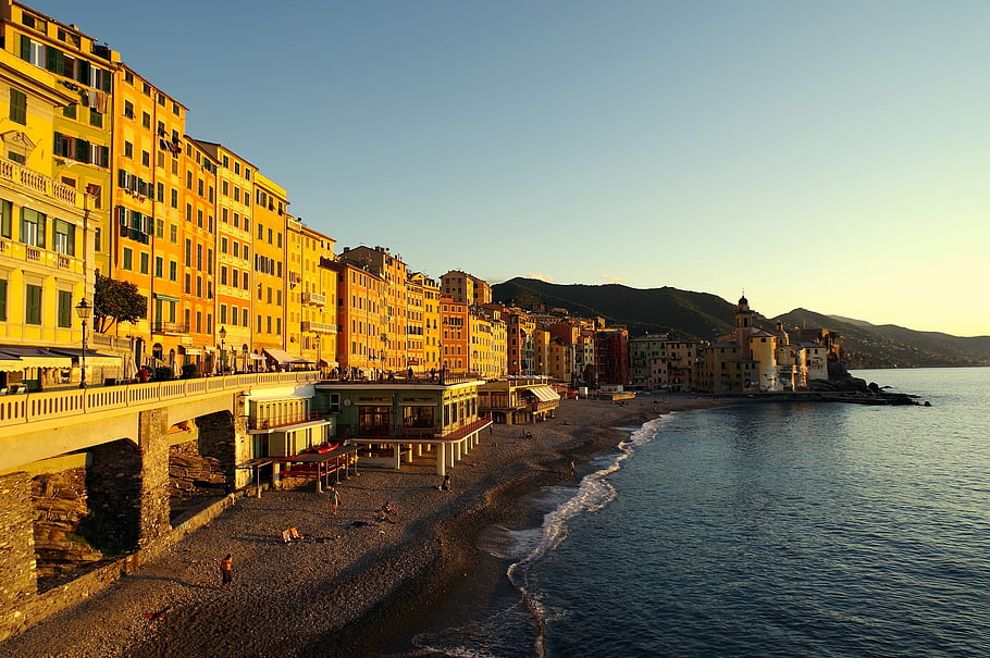 pobřeží, moře, Příroda, pláž, budov, vesnice, hory, lidé, západ slunce, večer, camogli