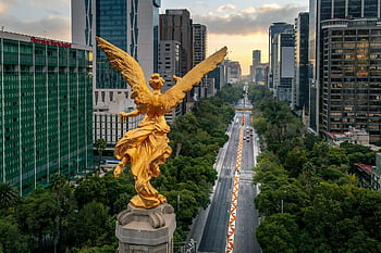 anděl nezávislosti, Mexico City, letecký snímek, mrakodrapy, městské krajiny, živé město, památník, zlatá socha, paseo de la reforma, panoráma města, západ slunce
