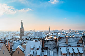 střechy, budov, sníh, město, zimní, Příroda, architektura, Studený, horizont, venku, Norimberk
