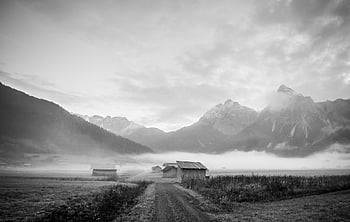 Natur, Reise, Erkundung, draußen, schwarzweiß, berge, Nebel, morgen, Bergdorf, schnee