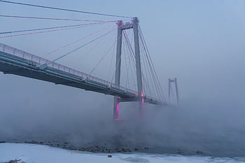 řeka, mlha, sníh, zimní, yenisei, Příroda, mráz, ráno, park, město, voda