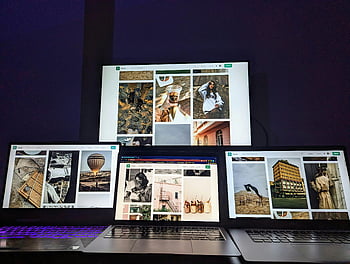 노트북, 표시, 여러, 사진들, 현대, 디지털, 설정, 배수, 스크린, 다양한, 광고 소재