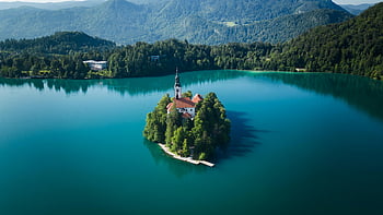 Church on Island, Lake Bled, Slovenia, aerial view, Bled Island, vibrant blue waters, church, island, lake, nature, landscape