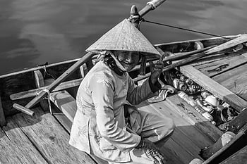 žena, Vietnam, loď, hội an, Černá bílá, cestovat, kuželovitý klobouk