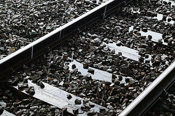 gray railroad, wet railroad tracks, gravel, raindrops, steel rails, railway, wet tracks, rain, railway gravel, steel tracks, wet gravel