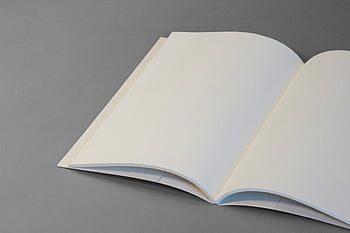 prázdný poznámkový blok, otevřený zápisník, šedé pozadí, Design makety, prezentace, detailní fotografie, prázdné stránky, bílý papír, minimalistický design, papírnictví, kancelářské potřeby