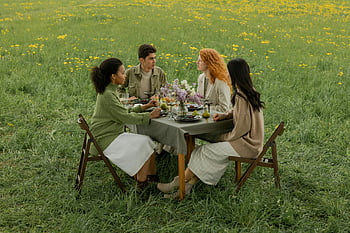 amici seduti a tavola, diversi amici, picnic tranquillo, campo erboso, fiori, raduno all'aperto, gruppo di amici, tavolo da picnic, impostazione della natura, raduno amichevole, Picnic sereno