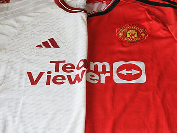 manchester united, Dres pro sezónu 2023-24, červená a bílá, detail, TeamViewer, logo adidas, fotbalový dres, fotbalový kit, Manchester United 2023, návrh dresu