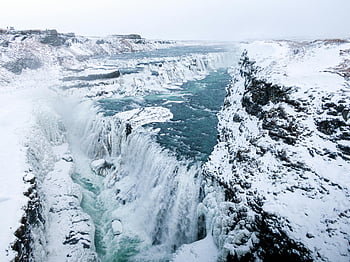 letecké snímkování, vodopády, Vodopád Gullfoss, Island, Ledová zimní krajina, kaskáda, letecký snímek, dech beroucí, zimní scenérie, Přírodní krásy, Snow-pokryté útesy