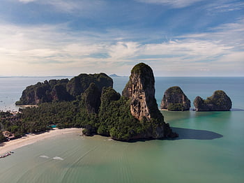 thailand, beach, ocean, rock, sand, sky, nature, drone, asia, sea, island