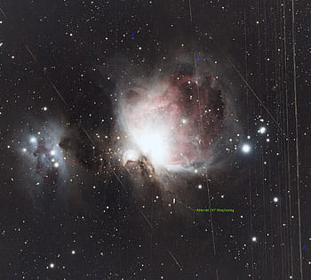 m42, Orion, sentieri satellitari, Asteroid 747 Winchester, astrofotografia, Satelliti geosincroni, Pixel caldi, Esprit 100, Canon 6da, Knight Observatory, tomar