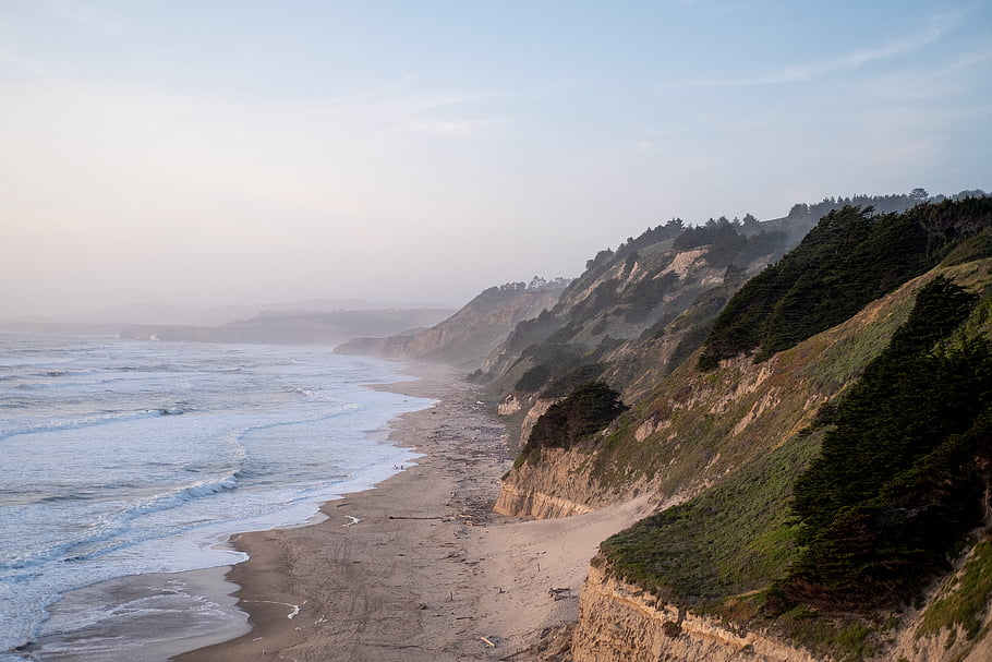 ocean, beach, coast, water, sea, clouds, sand, calm, nature, outdoors, landscape