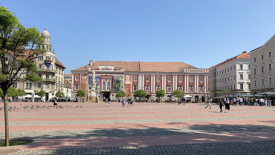 Timisoara, Piata Libertatii, old City hall, foundation stone, 1731, town seal, open port, fortress towers, Primaria Veche, 1949, square
