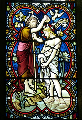 Baptism of Jesus Christ, stained glass, religious baptism, vibrant colors, detailed window, John the Baptist, Jesus Christ, religious art, church window, spiritual scene, dove symbol