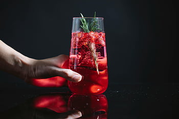 Berry Cocktail, rozmarýn obloha, křišťálové sklo, červený koktejl, čerstvý nápoj, pulzující nápoj, Berry Drink, koktejlové sklenice, ozdobený nápoj, ruka drží sklo, tmavé pozadí