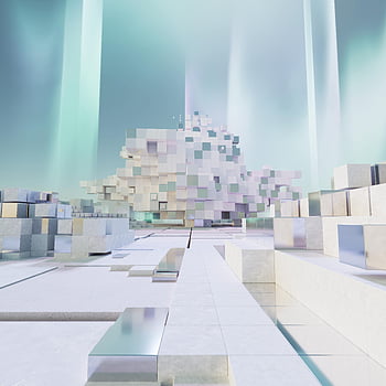 AI illustration, text-to-image diffusion, 3D-rendered landscape, cubic structures, pastel colors, abstract art, Linus Zoll, Visualising AI, conceptual design, digital art, futuristic scene