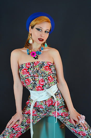 fashion, jumpsuit, woman, accessories, girl, model, floral Fabric, hat, blue Hat, style, glamour