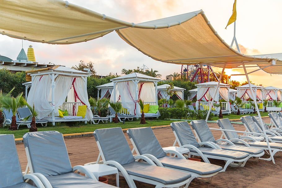 sun Loungers, sunset, resort, beach, coastline, island, paradise, leisure, nature, holiday, locations