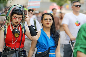 people, demonstration, pride, parade, flags, colors, crowd, street, urban