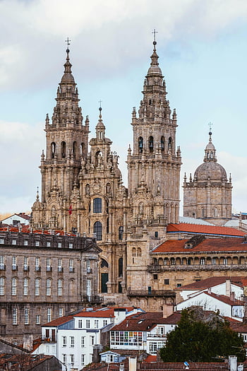 Santiago de Compostela Cathedral, Gothic architecture, historic city, Spain, rooftops, majestic, Santiago Cathedral, European landmarks, religious architecture, travel destinations, cultural heritage