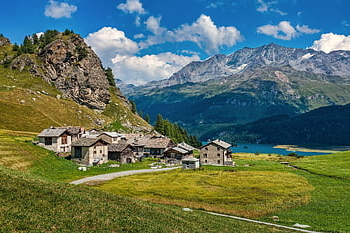 alps, village, fields, houses, town, valley, mountains, mountain Range, pasture, meadow, farm