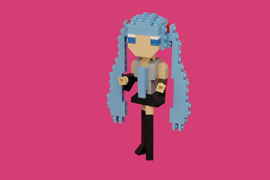 Lego, figure, Hatsune Miku, anime, Miku, Canon 100mm, moc, blue hair, pink background, block art, digital art