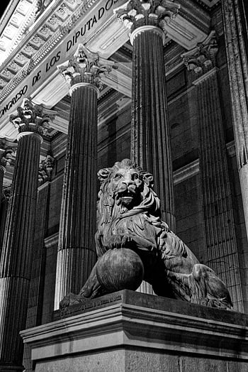 grayscale photo, lion statue, black and white, Madrid, Congress of Deputies, architectural columns, historical building, monochrome image, urban sculpture, outdoor art, Spain