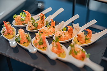 food, seafood, shrimp, canapes, snack, spoon, finger Food