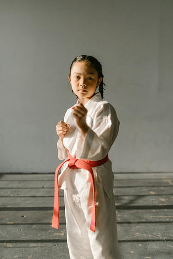 ragazza carina, posa di karate, uniforme di arti marziali, bambino determinato, posa sicura, in casa, cintura rossa, GI bianco, Giovane artista marziale, posizione del karate, karate per bambini